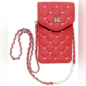 Badgley Mischka Coral Quilted Pearl Strap Phone Crossbody Bag Vegan Leather